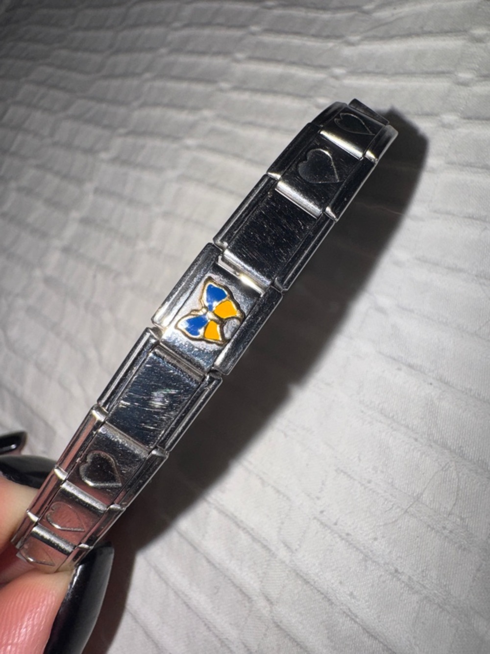 Silver Italian Charm Bracelet with Blue and Yellow Bow Tile